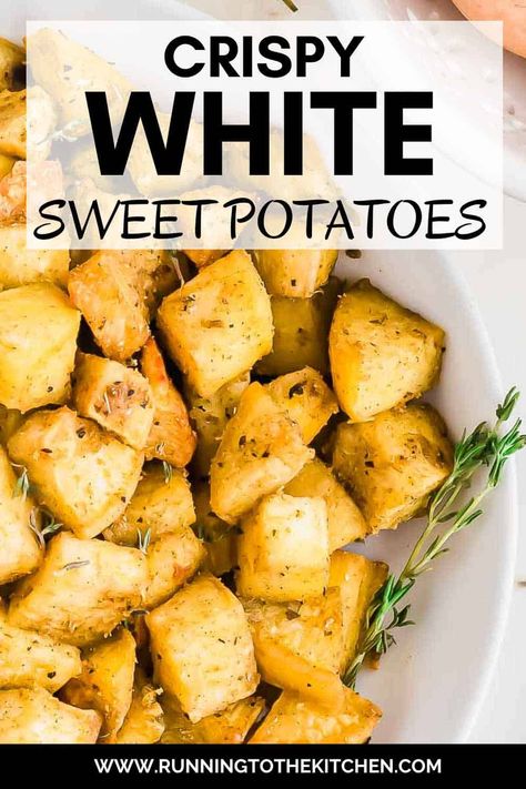 Crispy roasted white sweet potatoes are a delicious twist on a classic side dish! This easy white sweet potato recipe uses simple spices and fresh herbs to create perfectly caramelized cubes that are great with any meal. Whether you're new to white sweet potatoes or looking for a fresh recipe, this dish is perfect for breakfast with eggs or as a dinner side. Yellow Sweet Potato Recipes, White Yams Recipe, White Sweet Potatoes Recipes, White Sweet Potato Recipes, White Sweet Potato Recipe, White Sweet Potato, Edges Simple, Aip Meals, Sweet Potato Oven