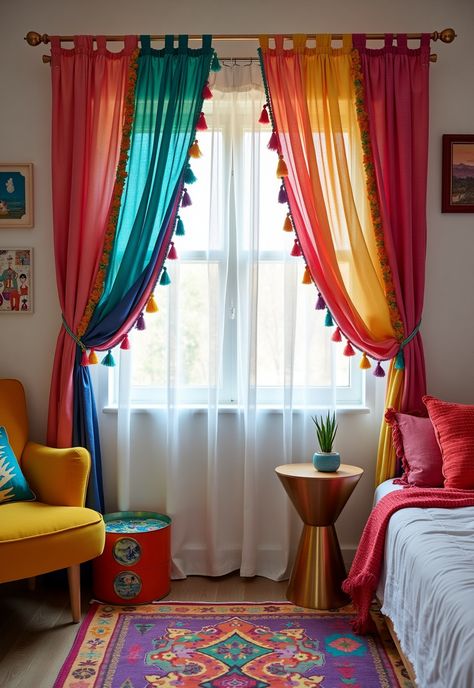 Boho Bedroom Curtains ideas Curtain In Room Bedrooms, Colorful Boho Room Decor, Bedroom Curtains Aesthetic, Boho Curtain Ideas, Aesthetic Curtains, Creative Curtains, Pretty Curtains, Pom Pom Curtains, Cortinas Boho