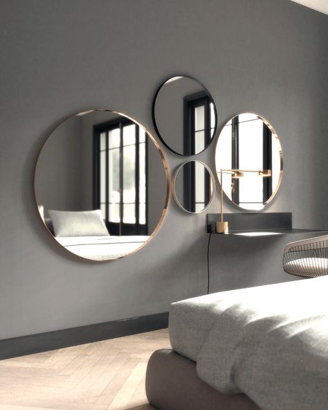 Mirror wall in bedroom Round Mirror On Wall Living Room, Contemporary Bedroom Mirrors, Mirrors For Hallway, Two Round Mirrors On Wall, Round Mirror Decor Ideas Bedrooms, Round Mirror Wall Decor Living Room, Hallway Wall Decor Mirrors, Circle Mirrors On Wall Living Room, Three Mirrors On Wall Ideas