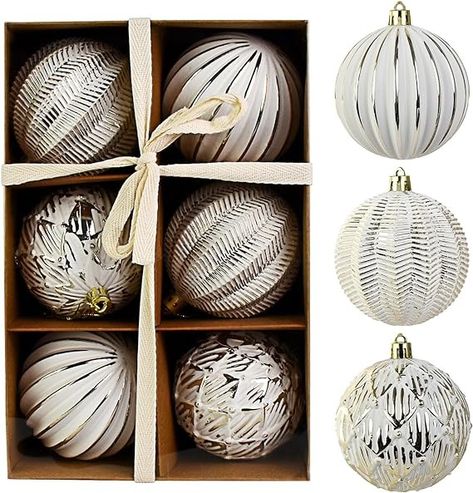 Amazon.com: Mupera 6Pcs Farmhouse Ball Ornaments - 3.14 Inch Kraft Box PET Twine Christmas Ball Set, White Gold Alien Balls Shatterproof Xmas Tree Decoration Hanging Balls Suitable for Party Home Decor : Home & Kitchen Large Christmas Ornaments, Xmas Tree Decoration, White Christmas Ornaments, Xmas Tree Decorations, Rustic Christmas Tree, Christmas Ornaments Homemade, Christmas Ball, Vintage Christmas Ornaments, Vintage Christmas Decorations