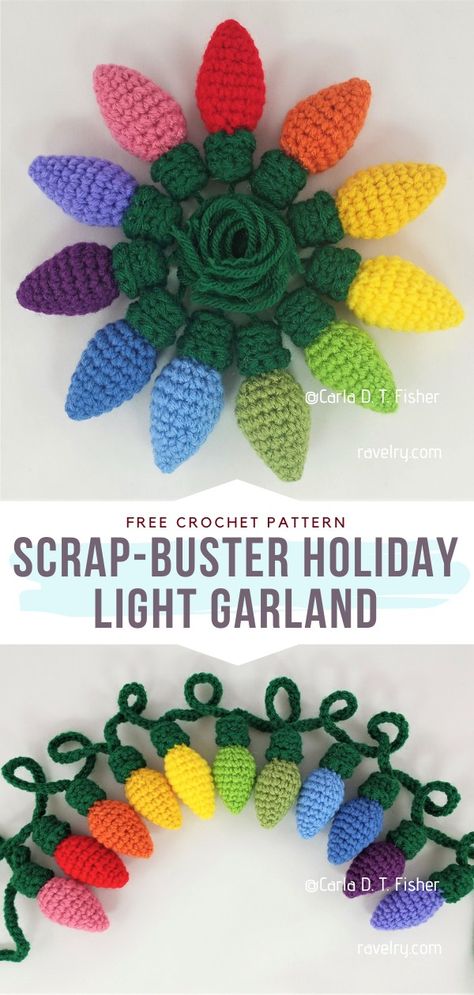 Crochet Garland Hilarious Crochet Projects, Crochet Light Bulb Garland, Crochet Kids Christmas Gifts, Scrapbuster Crochet Projects, Spooky Season Crochet Patterns, Cricket Patterns Free, Crochet Tiered Tray Decor, Crochet Almond Shape, Christmas Crochet Patterns Free Grinch