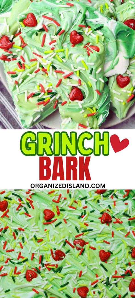 Grinch Day Snacks For School, Grinch Candy Ideas, Grinch Theme Dessert Table, Grinch Christmas Candy, Grinch Candy Dish, Fun Easy Christmas Treats For Kids, Cookies And Cream Bark Candy, Healthy Snack Christmas Party Kids, Christmas Candy Easy Recipes