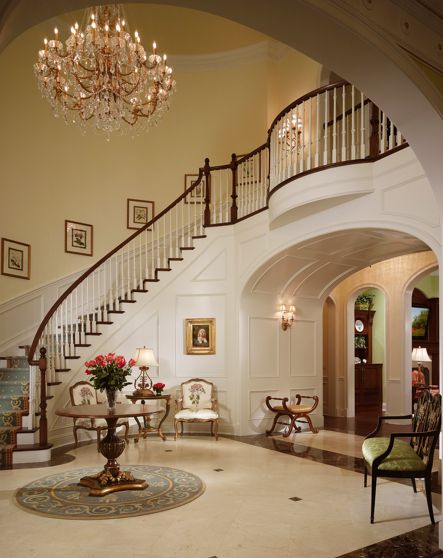 I have always loved the idea of a curved grand staircase with balcony at top center like in Beauty and the Beast and Romeo and Juliet Entrance, Indian Head, Entry Foyer, Homes For Sale, House Ideas, Building A House, Roof, Decorating Ideas, Perfect Place