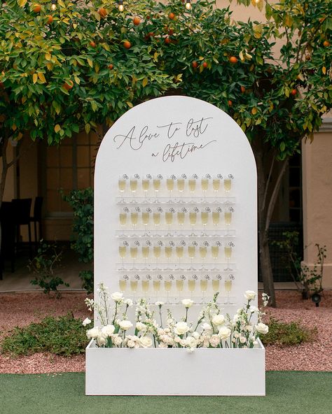 Champagne Entrance Wedding, Champagne Before Ceremony, Welcome Champagne Wall, Diy Wedding Champagne Wall, Photo Wall For Events, Wedding Welcome Champagne, Champagne Welcome Wall, Champagne Board Wedding, Champagne Wedding Wall