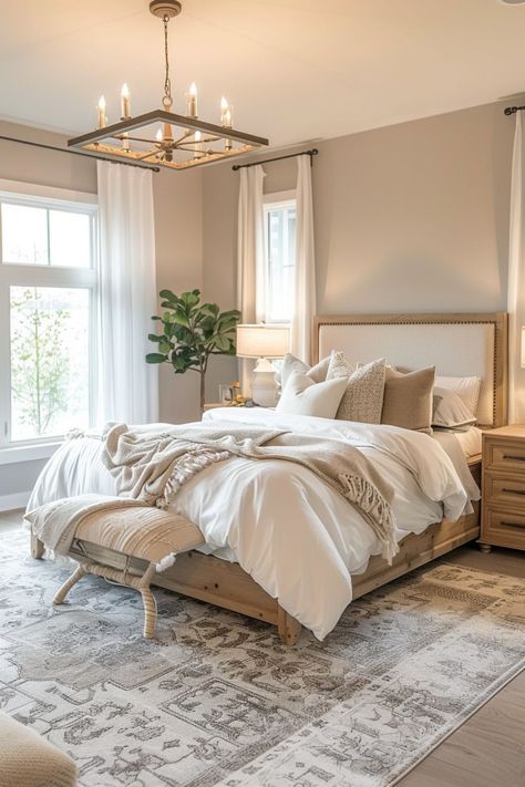 Nuetral Pallete Bedroom Pop Of Color, Light Wood Bedroom Aesthetic, Whole Bedroom Ideas, Calming Master Bedrooms Decor, Neutral Warm Bedroom, Cream Color Bedroom Ideas, Neutral House Colors Interiors, Modern Neutral Bedroom Decor, Neutral Bedroom Paint Colors