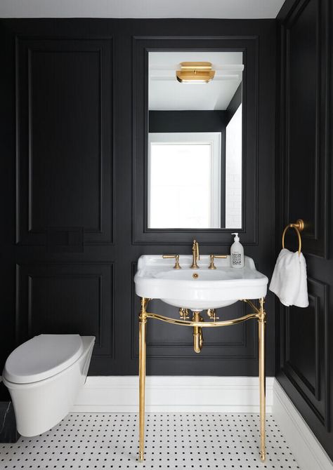 Pretty in pops of pink Black Powder Room, Gold Sink, Moody Bathroom, Console Sink, Downstairs Toilet, Bad Inspiration, Wall Mounted Sink, Powder Room Design, Custom Vanity