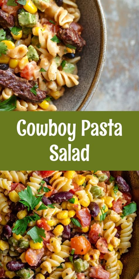 Preparing Cowboy Pasta Salad on a sunny Saturday brought family together. The laughter of my kids while I mixed flavors reminded me of our cherished moments. Sharing this dish with my partner felt like pure joy, a perfect weekend feast! Cowboy Pasta Salad Recipe, Cowboy Caviar Pasta Salad, Cowboy Salad Recipe, Cowboy Pasta Salad, Cowboy Pasta, Cowboy Salad, Bbq Chicken Pasta, Mexican Street Corn Salad, Cowboy Caviar