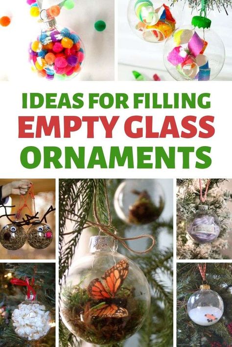 Bauble Filling Ideas, Fill Your Own Christmas Baubles, Ideas For Fillable Ornaments, Filled Clear Christmas Ornaments, Filled Christmas Ornaments Diy, Home Made Baubles, Glass Baubles Ideas Diy Ornaments, Fill Your Own Bauble Ideas, What To Fill Clear Ornaments With