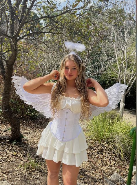 Shoes For Angel Costume, Angel Diy Costume Women, Halloween Angles Costume, Angle Custom Halloween, Women’s Angel Costume, Angle Dress Costume, Coquette Angel Costume, Dark And Light Angel Halloween Costume, Preppy Angel Costume