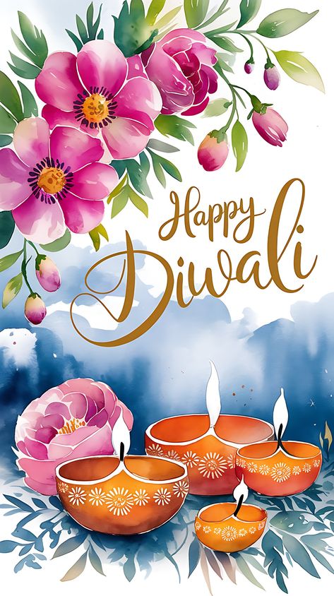 Free Watercolor Diwali Greeting Card with Floral Design and Diyas Happy Diwali Image, Happy Diwali Greetings Card Designs, Diwali Greeting Cards Design, Diwali Greeting Cards Images, Happy Diwali Greetings, Deepavali Greetings Cards, Diwali Greetings Images, Happy Diwali Cards, Birthday Cake Write Name