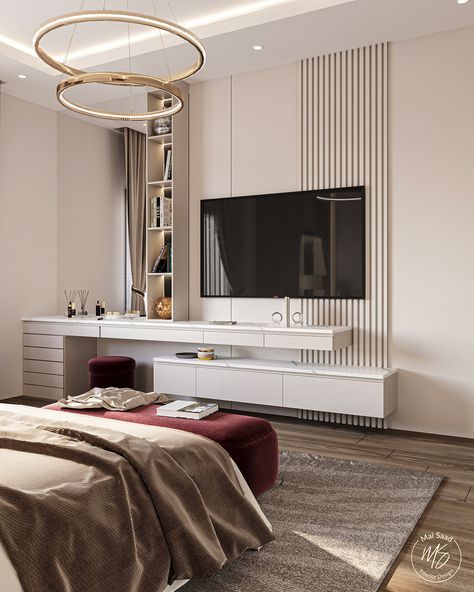 Bedroom Wall Tv Unit, Master Bedrooms With Tv On Wall, Luxury Bedroom Master Tv Wall, Bedroom Unit Ideas, Dressing Unit With Tv Unit, Tv Unit Design Wall Master Bedrooms, Tv Wall Design Modern Master Bedrooms Ideas, Bedroom Tv Walls Master, Main Bedroom Tv Wall Ideas