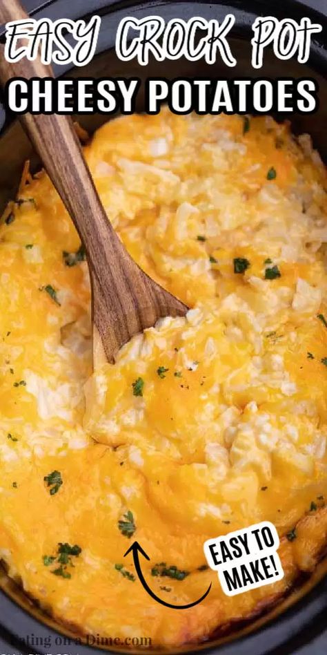 These crockpot cheesy potatoes are easy to make with only 6 ingredients. This crock pot cheesy potato recipe is a crowd pleaser and perfect for any party or get together. Make these Cheesy Hashbrown Potatoes crockpot recipe for your next holiday dinner. Everyone loves slow cooker cheesy potatoes. Slow Cooker Funeral Potatoes are simple and delicious too! #eatingonadime #sidedishrecipes #crockpotrecipes #slowcookerrecipes #cheesypotatoes Shredded Hashbrown Recipes Crockpot, Picnic Crockpot Recipes, Cheesy Hash Browns Crockpot, Shredded Cheesy Potatoes Crock Pot, Crockpot Shredded Potatoes, Crock Pot Picnic Food, Picnic Potatoes Side Dishes, Diced Cheesy Potatoes, Shredded Cheesy Potato Casserole