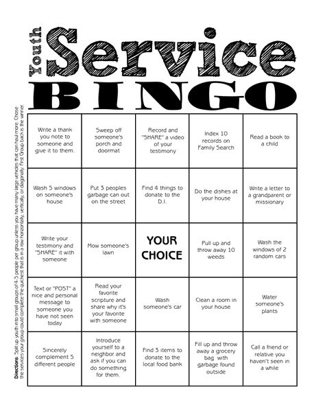 Youth Service Bingo Community Service Ideas, Mutual Activities, Kat Diy, Youth Group Activities, Church Youth Group, Activity Day Girls, Yw Activities, Community Service Projects, Student Ministry