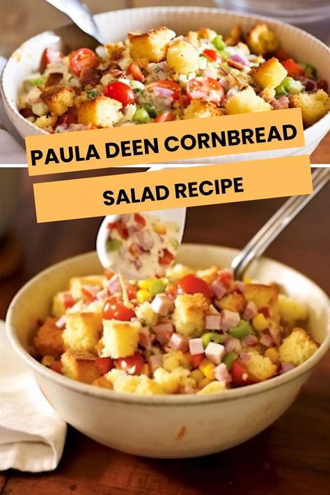 Paula Deen Cornbread Salad Recipe – Hungarian Chef Paula Deen Cornbread, Cornbread Salad Recipe, Southern Cornbread Salad, Best Comfort Food Recipes, Savory Cornbread, Southern Side Dishes, Chefs Recipes, Delicious Cornbread, Cornbread Salad