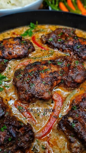 Kay on Instagram: "JERK CHICKEN IN A CREAMY COCONUT SAUCE, MASH POTATOES AND VEG🇯🇲🧨🔥💥❤️💯💃🏽😋. Juicy tender boneless Jerk chicken thigh fillets in the most irresistible creamy jerk coconut sauce. It's made up with a variety of bell peppers, creamy coconut sauce and Caribbean seasonings. Made with more traditional Jamaican ingredients. Perfect quick easy weeknight meal ready in 40 minutes. This is definitely MY NEW FAVE!! . . DM FOR MORE INFO TO GET MY DAILY RECIPES. . . #foodporn #food #f Jerk Chicken Sides, Creamy Coconut Sauce, Chicken Thigh Fillets, Jerk Recipe, Cream Sauce For Chicken, Jerk Chicken Recipe, Mash Potatoes, Cream Sauce Recipes, Fried Chicken Breast