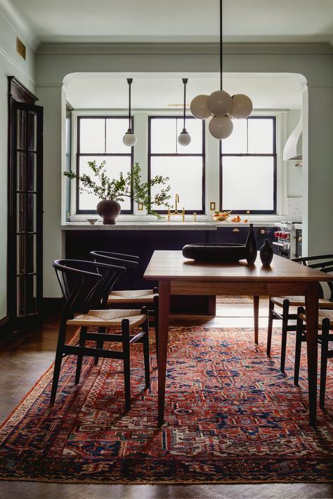 Eclectic Modern Minimalist, Kitchen With Red Rug, Dining Room Table 6 Chairs, Red Dining Room Rug, Rowhouse Dining Room, Red Rug Dining Room Ideas, Red Area Rug Dining Room, Persian Rug Dining Table, Red Rug Kitchen