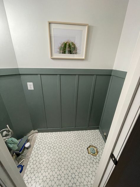 DIY Small Half Bathroom Makeover » Megan Leigh Acosta Painted Half Bathroom, Half Bath Waynes Coating, Board And Batten Wall Half Bath, Bathroom With Shiplap Half Wall, Powder Bath Board And Batten, Small Bathroom Board And Batten Half Baths, Small Bathroom Moulding, Bathroom Half Wall Paneling, Small Bathroom With Board And Batten