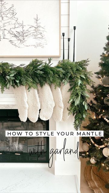 Ikea Christmas Garland, Layered Garland Christmas, Organic Modern Christmas Mantle, Candlesticks On Fireplace Mantle, Studio Mcgee Christmas Mantle, How To Style Garland, Layering Garland On Mantle, Hobby Lobby Cedar Garland, Diy Hobby Lobby Christmas Decor