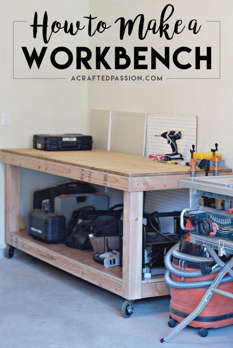 How to Build a Workbench | Build a simple rolling workbench with these easy to follow DIY plans. This is the perfect workbench to add more storage in your garage to hold your tools and get you organized! Officine In Garage, Rolling Workbench, Casa Garage, Building A Workbench, Garage Atelier, Diy Rangement, Rustic Farmhouse Table, Garage Organize, Diy Workbench