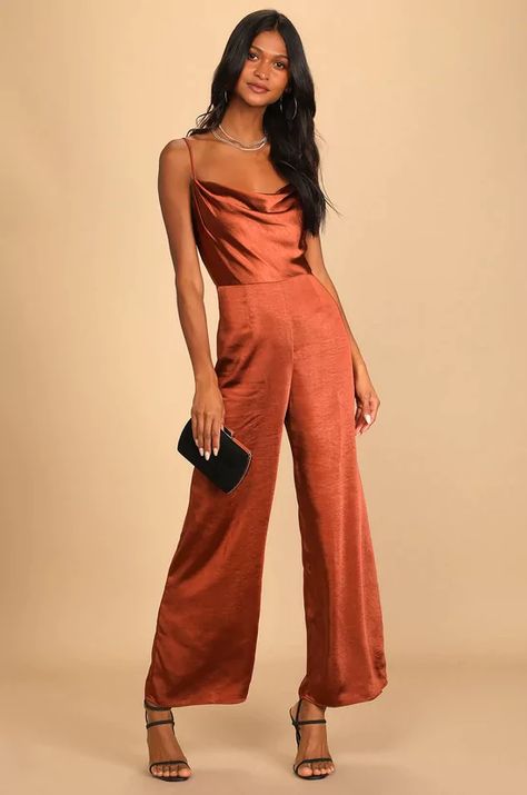 Dressy Pants Outfits For Wedding Guest, Female Officiant Attire Wedding, Cocktail Chic Attire, Copper Jumpsuit, Terracotta Jumpsuit, Jumpsuit Formal Wedding, Women Cocktail Attire, Wedding Additions, Dressy Jumpsuit Wedding