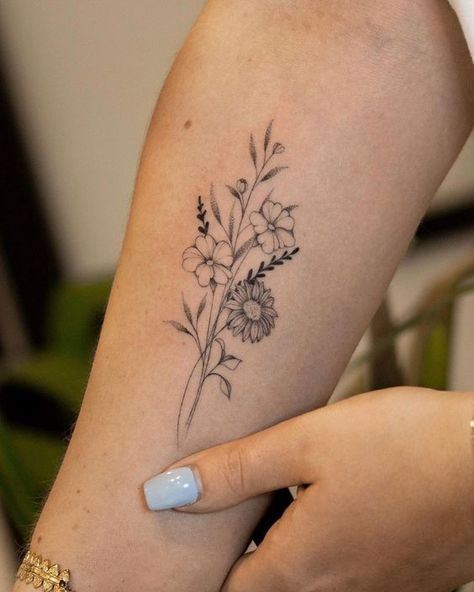 Romantic Tattoo, Bouquet Tattoo, Wildflower Tattoo, Petite Tattoos, Classy Tattoos, Discreet Tattoos, Dainty Tattoos, Subtle Tattoos, Tattoos For Daughters