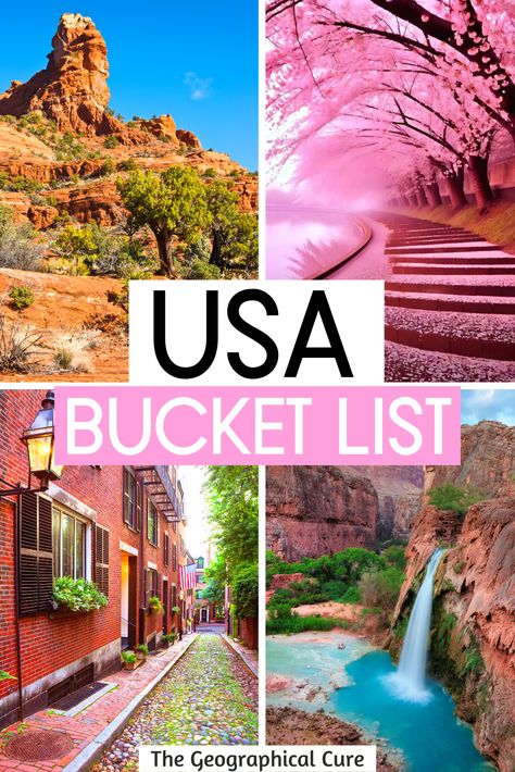 Pinterest pin for USA bucket list Beautiful Places In United States, Best Usa Vacations, Usa Cities To Visit, Bucket Travel List, Must Travel Destinations In The Us, Vacation In Usa Places To Visit, Top Bucket List Destinations, Road Trip Around The United States, Us Bucket List Travel Destinations