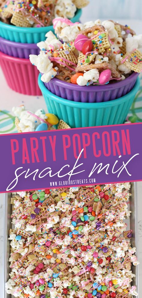 A quick and easy no-bake Party Popcorn Snack Mix that can be easily customized to match any holiday or party theme! This recipe is sweet, salty, crunchy, and delicious! If you're looking for the perfect fall, Halloween, or holiday party snack, this recipe is perfect for you! Party Popcorn, Birthday Snacks, Birthday Party Snacks, Popcorn Snacks, Popcorn Party, Snack Mix Recipes, Party Mix, Birthday Party Food, Birthday Food