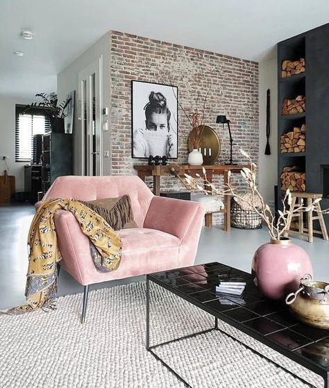 armchair in a living room Apartment Moving, Blush Pink Living Room, Comfy Space, A Brick Wall, Pink Living Room, 아파트 인테리어, Apartment Aesthetic, Loft Living, Design Room