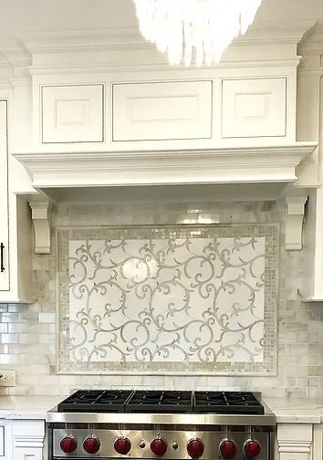 Wall Behind Stove Ideas Kitchens, Tile Over Stove, Oven Backsplash, Behind Stove Backsplash, Designing Kitchen, Kitchen Backsplash Tile Designs, Custom Home Ideas, Decorative Backsplash, Stove Backsplash