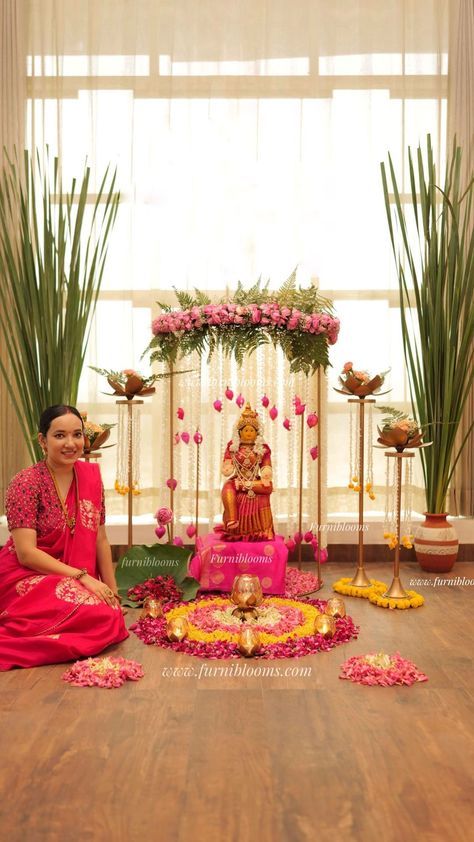 Swati Bora | ✨VARALAKSHMI MANDAPAM ✨ ✨For links send this reels over to my DM or comment down Below ✨ Products are from: @furniblooms Website:… | Instagram Mandap Decor For Ganpati, Lakshmi Poojan Diwali Decoration Design, Lakshmi Poojan Diwali Decoration, Lakshmi Decoration At Home, Laxmi Pooja Decoration At Home, Laxmi Puja Decoration At Home, Mandir Decoration Ideas, Decoration For Pooja, Puja Decoration Ideas