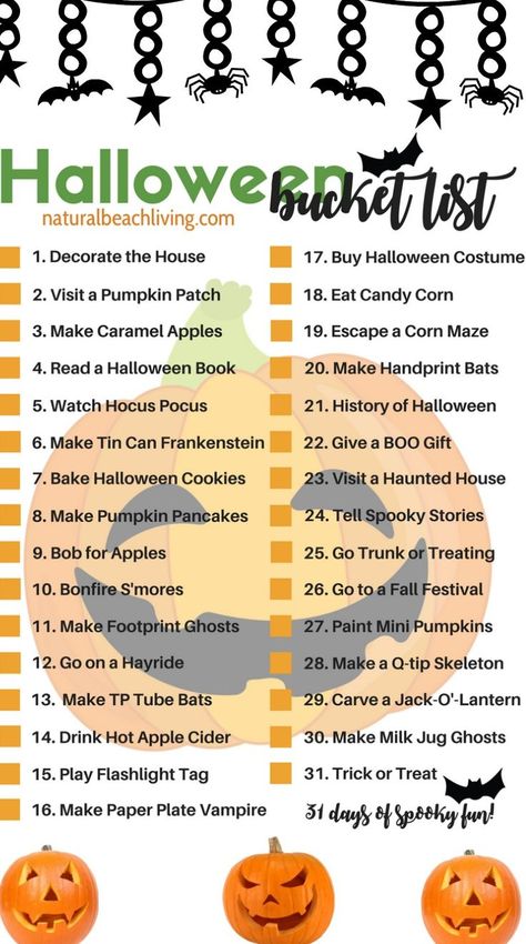 31 Halloween Bucket List Ideas, October Bucket List, Halloween Activities for Kids, Free Printable Bucket List, Fun Halloween Bucket List, Things to do in October #Halloween #Halloweenbucketlist #Halloweenactivities Family Halloween Bucket List, October Things To Do With Kids, Things To Do October, October Bucket List For Kids, Halloween Activities For Families, Halloween Bucket List For Kids, Halloween Celebration Ideas, Halloween Things To Do With Kids, October Activities For Adults