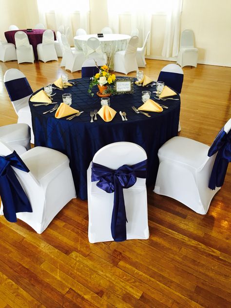 Navy And Yellow Centerpieces, Navy And Yellow Party Decor, Royal Blue And Yellow Wedding Decor, Navy Blue And Gold Corporate Event, Royal Blue And Yellow Wedding Theme Table Settings, Mens Birthday Party Decorations, Light Yellow Weddings, Blue Yellow Weddings, Mens Birthday Party