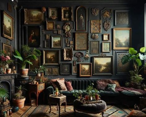 Sophisticated Whimsical Decor, Maximalist Vintage Living Room, Vintage Dark Living Room, Dark Academia Maximalist Decor, Speakeasy Aesthetic Living Room, Dark Academia Living Room Apartment, Small Moody Living Room Ideas, Eclectic Moody Living Room Ideas, Dark Maximalist Living Room