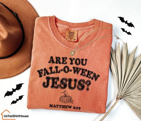 Comfort Colors® Christian Halloween Shirt, Are You Fall-O-Ween Jesus Shirt, Fall Religious Shirt, Funny Pumpkin Christian Halloween, Jesus Shirt -Sizing and Color Guidelines- We use Comfort Colors Heavyweight brands t-shirts for all the listings where you see Comfort Colors in the title. The shirts are Unisex size. They are meant to be loose-fitting, so ordering one size smaller is recommended if you want a tighter fit. Each of our shirts is meticulously crafted to your specifications, making re Jesus Halloween Shirt, Christian Halloween Shirt Ideas, Christian Halloween Shirts, Christian Fall Shirts, Fall Christian Shirts, Church T Shirts, Christian Brands, Fall Shirt Ideas, Vinyl Shirt Ideas