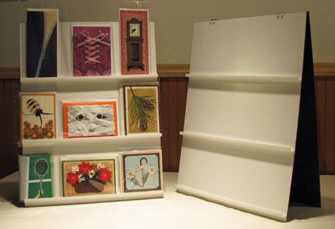 DIY Tabletop Display for Greeting Cards or Prints - https://www.flickr.com/photos/cornerstonelae/5078401622/ Greeting Card Holders Diy, Card Display Stand Diy, Diy Card Display Stand Craft Fairs, Diy Card Display Craft Fairs, Diy Card Stand Display, How To Display Cards At Craft Show, Diy Print Display Stand, Craft Fair Card Display Ideas, Display Diy Craft Fairs