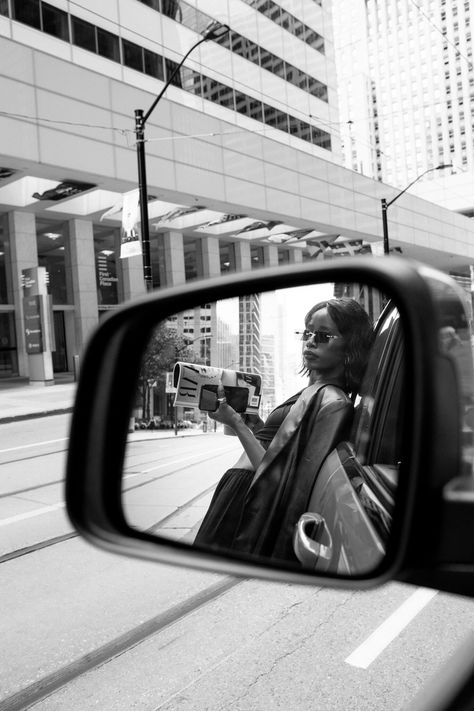 African American model being reflected through car mirror in downtown City Fashion Photography, Street Photography Portrait, Mirror Photography, Reflection Photos, City Shoot, Beautiful Photoshoot Ideas, Photography Themes, Reflection Photography, Fashion Mirror