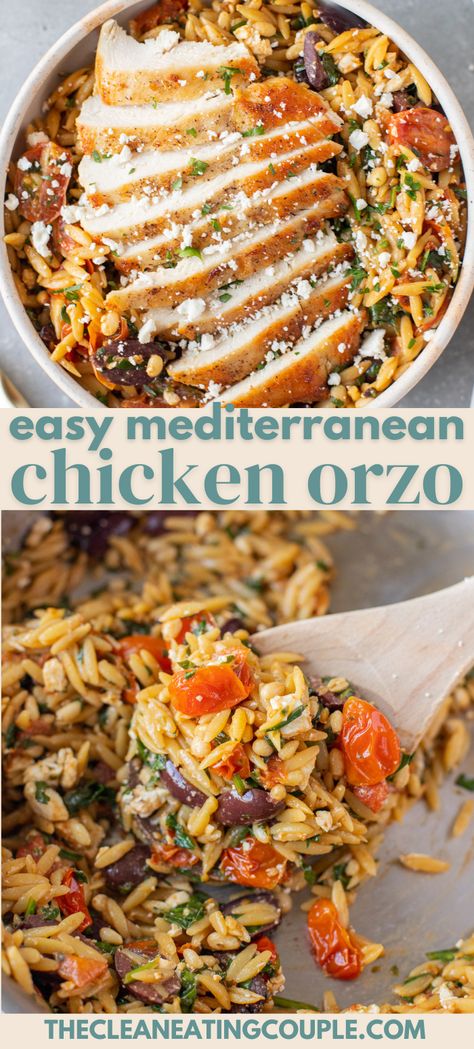 Easy Mediterranean Chicken Orzo salad is an easy and delicious one pan dinner! Made with simple ingredients, packed with flavor and done in under 30 minutes! The perfect Mediterranean salad bowl! Easy Healthy Dinner Mediterranean, Dinner Ideas For High Cholesterol, Outlive Recipes, Healthy Comforting Dinner Recipes, Simple Easy Family Dinners, Easy Eats Dietician, Healthy Dinner Recipes Few Ingredients, Mediterranean Chicken With Orzo, Easy Healthy Mediterranean Meals