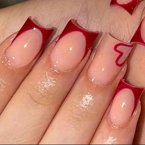 Press On Nails 24 Count Love Design Red French Medium Square Comes With Jelly Glue And Nail File New Cute Red Nails, Disney Acrylic Nails, Square Press On Nails, Red French, Nude Nail Designs, Simple Acrylic Nails, Blush Nails, Dope Nail Designs, Red Nail Designs