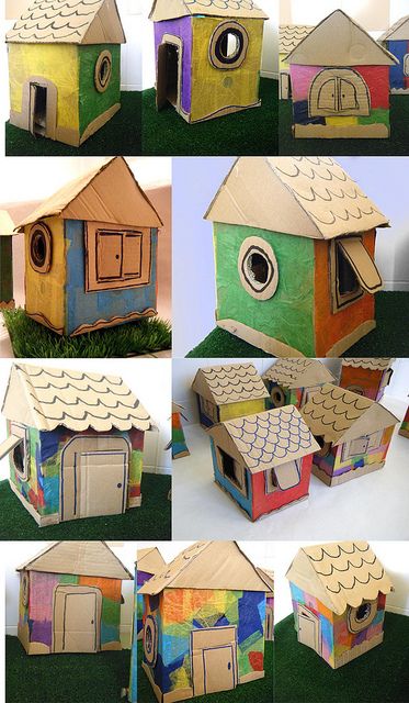 My kids love cardboard boxes...LOVE...and when they can be house too, its one fun day! Painted Cardboard, Cardboard City, Cardboard Houses, Cardboard Toys, Paper House, Cardboard House, Cardboard Art, Crafty Kids, Diy Cardboard