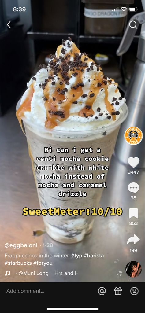 Oreo Cookie Starbucks, Carmel Cookie Crumble Starbucks, Starbucks Recipes Oreo, Vanilla Bean Frappachino Starbucks Order, Starbucks Drinks Oreo, Oreo Starbucks Drink, Cookie Starbucks Drink, Star Bucks Drinks Recipes, Oreo Starbucks