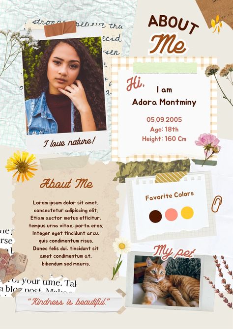 Brown Aesthetic Scrapbook Personal Profile About Me Poster 🤍 brown, collage, scrapbook, aesthetic, personal, profile, poster, about me, organic, paper🤍 #canva #canvatemplate #freetemplate #canvafree Scrapbook About Yourself, My Profile Template Aesthetic, Journal Profile Ideas, Personal Collage Ideas, Slambook Aesthetic, Poster About Yourself, About Me Graphic Design, Profile Template Aesthetic, All About Me Scrapbook Page