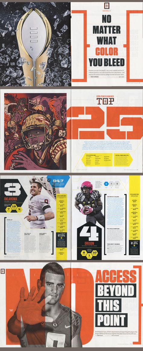 College Football issue 2014, Photo illustration, http://www.arky.com. Diego Patino Illustration: http://www.diegopatino.com. Streeter Lecka Photos: http://globalassignment.gettyimages.com/streeter-lecka/biography/default.aspx. Scott Olmos photos: http://scottolmosphotography.com. Chris McPherson photos: http://chrismcpherson.com/www/#/portfolios Sports Illustrated Magazine Layout, Sports Editorial Design, Sports Magazine Design, Media Kit Examples, Publication Inspiration, Fast Company Magazine, Alevel Art, Espn Magazine, Magazine Ideas