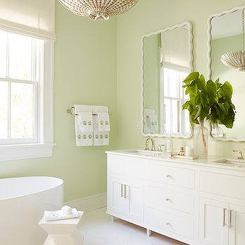 White and Celery Green Bathroom with Large White Hex Tiles Swedish Desserts, Light Green Bathrooms, Green Bedroom Walls, Light Green Walls, Room Color Combination, Nordic Aesthetic, Room Wall Colors, Pastel Walls, Bedroom Wall Colors