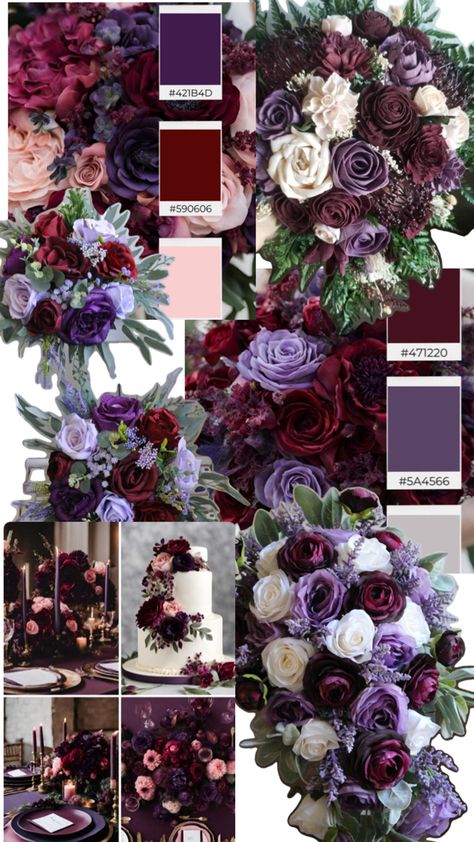 Fall Purple Centerpieces, Dark Purple Winter Wedding, Dark Purple And Burgundy Wedding, September Wedding Colors Purple, Crimson And Purple Wedding, Lilac And Maroon Wedding, Spring Purple Wedding, Purple And Red Wedding Theme Bridesmaid Dresses, Red Purple Black Wedding Color Schemes