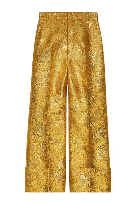 Gold pants Brocade Pants Outfit, Brocade Trousers, Brocade Pants, Hslot Outfit Ideas, Colorful Inspiration, Gypset Style, Trousers Outfit, Brocade Skirt, Clothes For Women Over 50