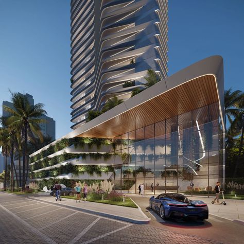 Luxury automobile designers Pininfarina expand their brand with a biophilic tower project in Brazil Industrial Exterior House, Tudor House Exterior, Industrial Exterior, Hotel Design Architecture, Luxury Hotel Design, Commercial Design Exterior, Retail Facade, Residential Building Design, Mix Use Building