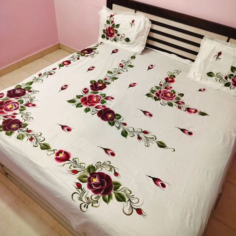 Hand painted bedsheet 90*100size Pure cotton Cash on delivery not available For order contact on 7710863253 Pre-booking only Advance booking is compulsory Preparation time one to months based on number of orders For bigger size of the bedsheet price will increase Price also depends on painter and Design and fabric of the Bedsheet Bedsheet Kadai Design, Pictures For Fabric Painting, Embroidery Bedsheets Design, Bedsheet Painting Designs, Crochet Bed Sheet, Hand Embroidery Bedsheet, Handmade Bed Sheets, Bedsheet Design, Designer Suits For Wedding