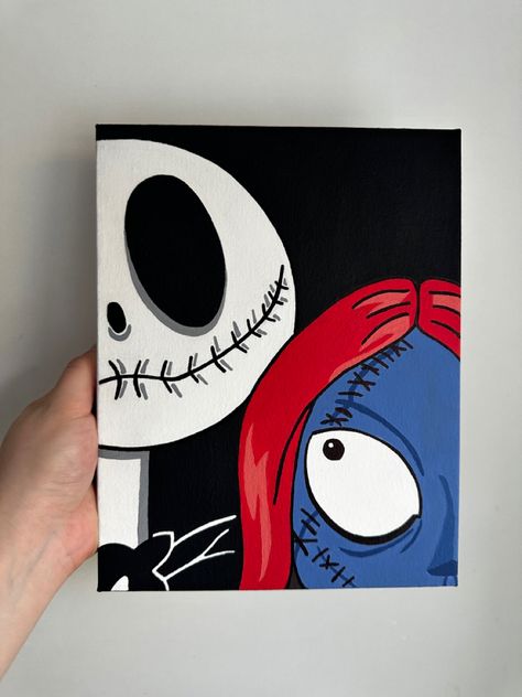 Painting W Black Background, Ideas Of Things To Paint, Spooky Halloween Canvas Painting, Halloween Couple Painting Ideas, Couples Halloween Painting Canvas, Coraline Painting Ideas Easy, Personal Paintings Ideas, Nightmare Before Christmas Painting Easy Canvas, Jack Skeleton Painting