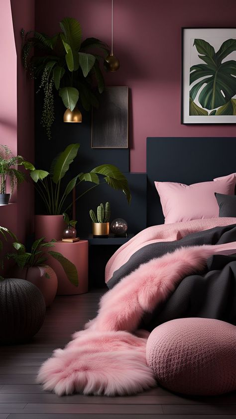 Dark Pink Bedroom Ideas For Women, Deep Pink Bedroom, Pink Adult Bedroom, Rose Gold Bedroom Ideas, Pink And Black Bedroom Ideas, Burgundy Bedroom, Rose Gold Bedroom, Elegant Living Room Decor, Luxury Room Bedroom