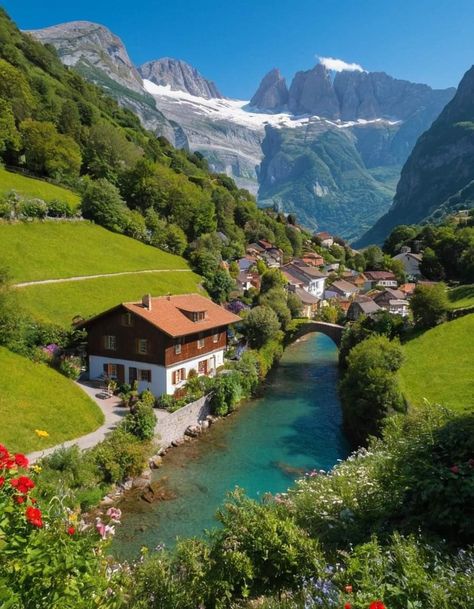 Swiss Village Aesthetic, Switzerland Village House, Beautiful Switzerland Nature, Switzerland Homes, Switzerland Countryside, Aesthetic Wallpaper Landscape, Summer In Switzerland, Switzerland Home, Swiss Summer